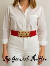 Vintage Statement Red Elastic Belt Gold Triple Medallion Buckle Med