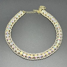 AB Crystal Rhinestone Faceted Glass Choker Gold Tone Necklace READ 