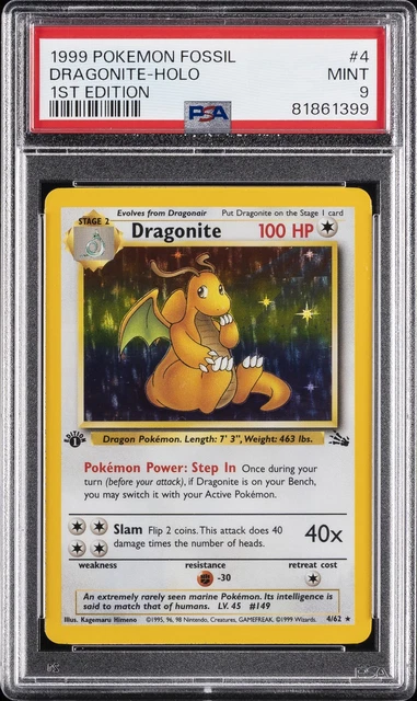 1999 POKEMON FOSSIL 1ST EDITION #4 DRAGONITE-HOLO PSA 9