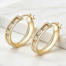 14K Gold Hoop Earrings 20mm Cubic Zirconia Hypoallergenic Comfort Women