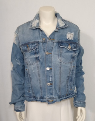Almost Famous Women's Large Blue Denim Distressed Look Button Down Jacket