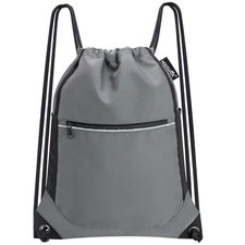 Drawstring Backpack Small Gym Bag Dark Grey Front Pocket and Side Mesh Pockets