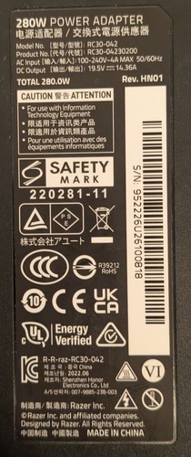 Genuine OEM Razer Blade 280W RC30-042 19.5V 14.36A AC Adapter Charger - 第 7/7 張圖片
