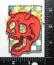  FLAMING SKULL WITH HORNS EVIL DEVIL SKULL EMBROIDERED IRON ON PATCH