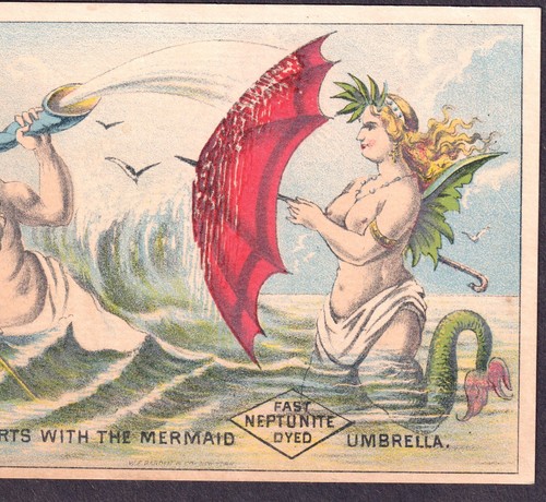 Sirena siglo XIX Neptuno dios del mar Neptunita paraguas anuncio tarjeta comercial victoriana - Imagen 4 de 10