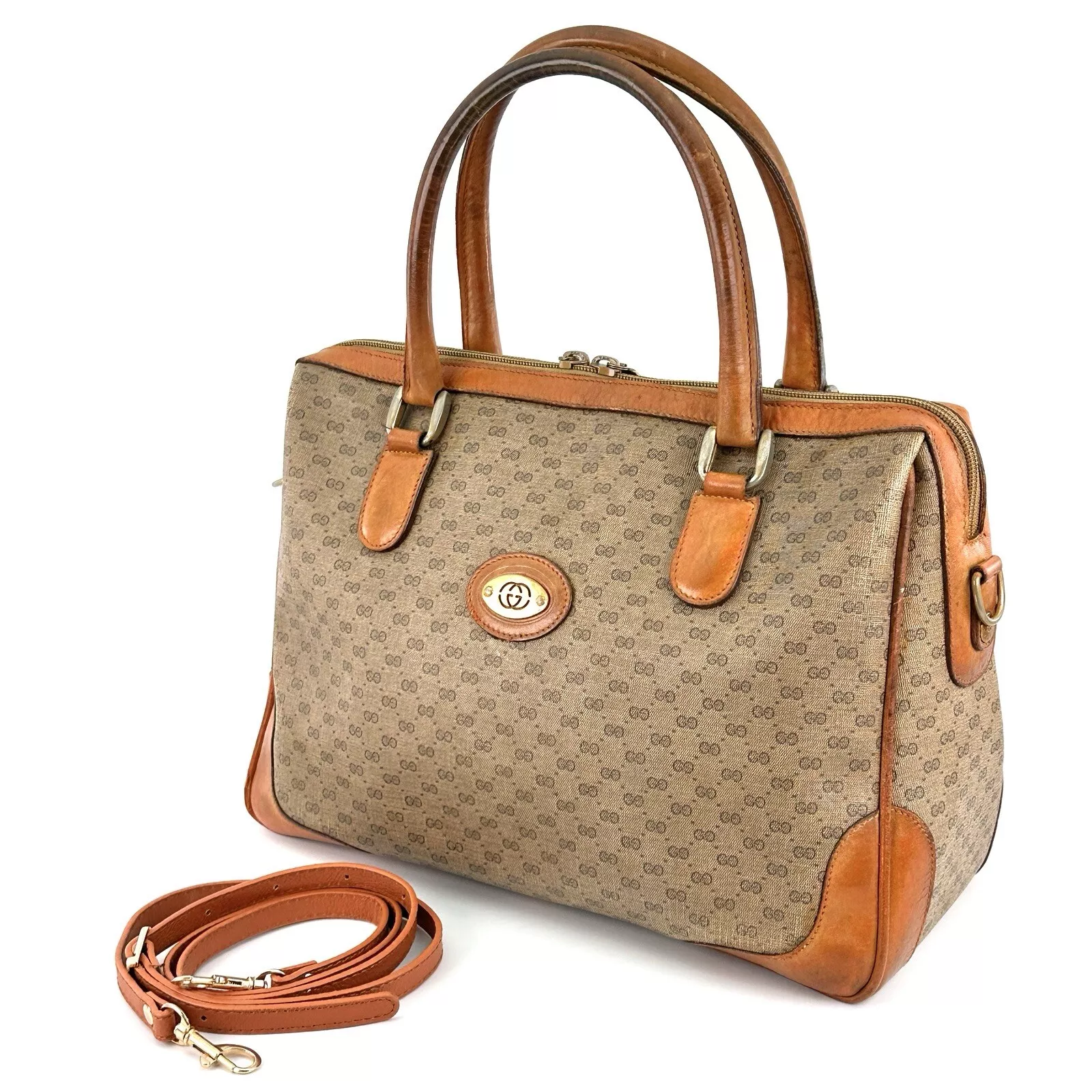 Sac à main GUCCI 2 voies Micro GG Supreme PVC cuir beige or authentique