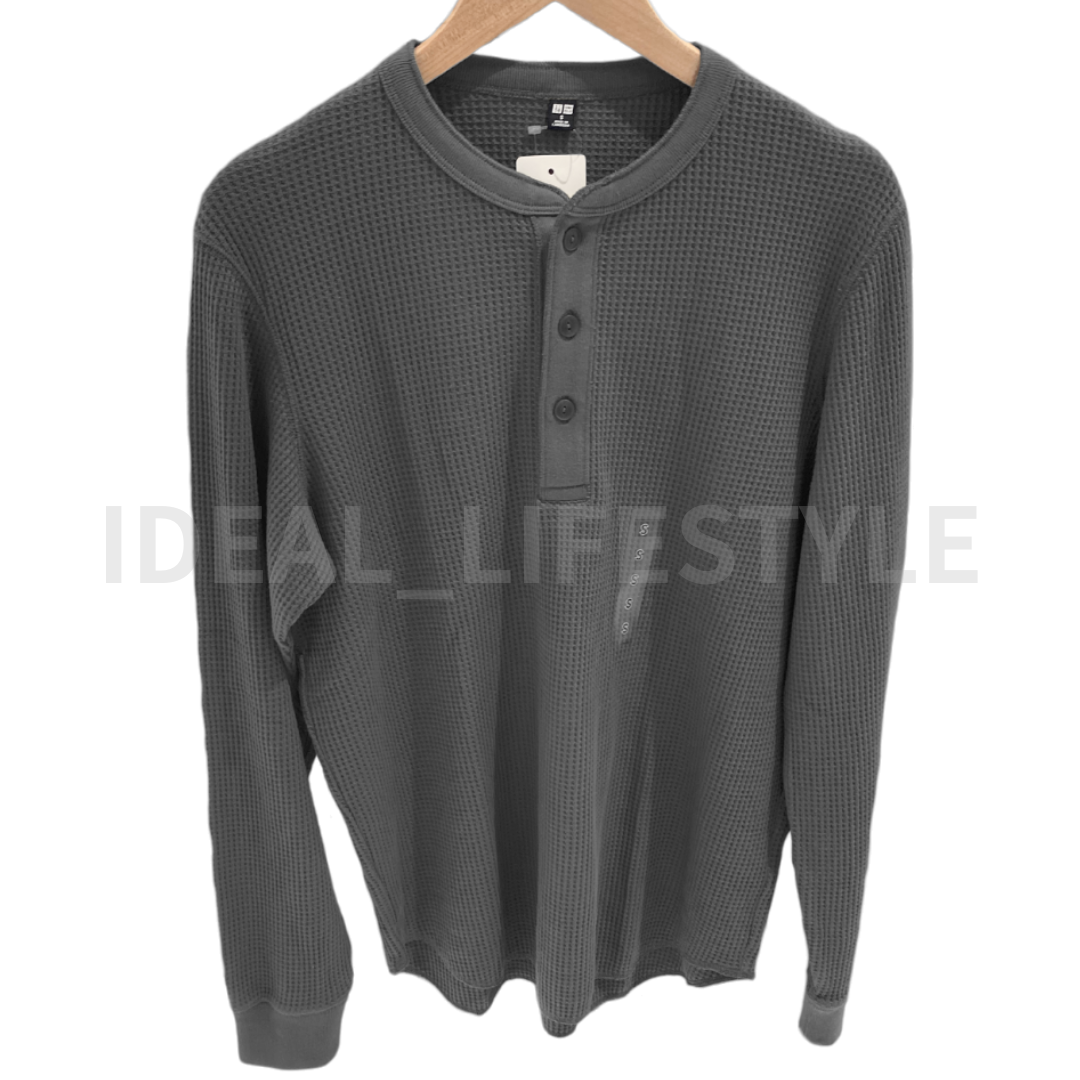 UNIQLO Waffle Henley Neck Long-Sleeve T-Shirt S-4XL Round