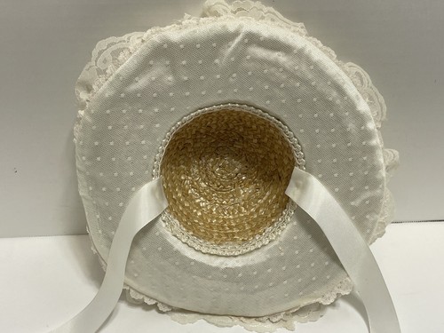 Vtg FLOWER GIRL STRAW HAT Lil' Toddler Bride WEDDING Handmade Ivory FLORAL LACE - Picture 9 of 14