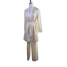 Vintage Sears Pajamas Size 34 Pale Yellow Ivory Satin 3 Piece Kimono Shirt Pants