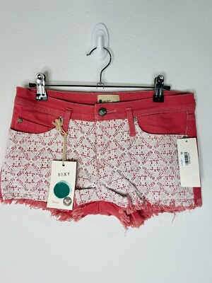 Roxy Denim Shorts Doily Dukes Cut Off Pink Lace Overlay Stretch Juniors 7 / 28
