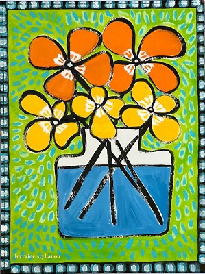 Original Gemälde einer Blume in einer Vase, Volkskunst/naive Kunst, Blume