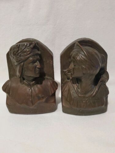 Antique Armor Bronze Clad Dante and Beatrice Bookends Circa 1920's