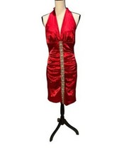 Windsor Red Satin Halter Plunge Neck Beaded Pleated Midi Dress Size 11/12 $98