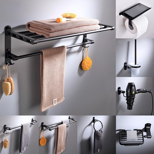 Bathroom Accessories Set Aluminium Bathroom Rack Towel Ring Soap Dish Hook Black