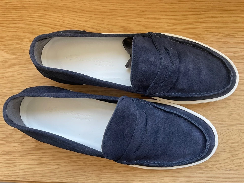 SANTONI Hombre Azul Gamuza Mocasines/Zapatos/Hecho en Italia/44EU/11US Foto 4 de 4