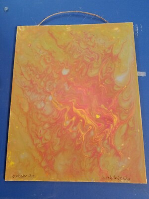 This is a pour painting I did this one on an 8×10 canvas board. Colorful...