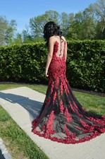 Claudine Custom Red  Black Mesh Train Gown Size 2 worn once, GREAT condition 