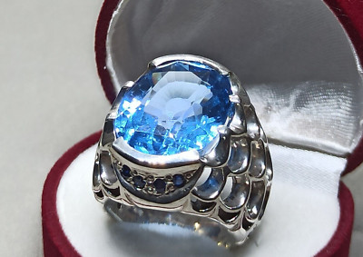 30 Karat großer Blautopas Herren Ring Sterlingsilber 925 Handarbeit Topas schwerer Ring