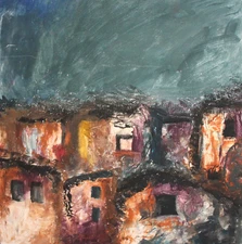 Vintage expressionist oil painting landscape houses