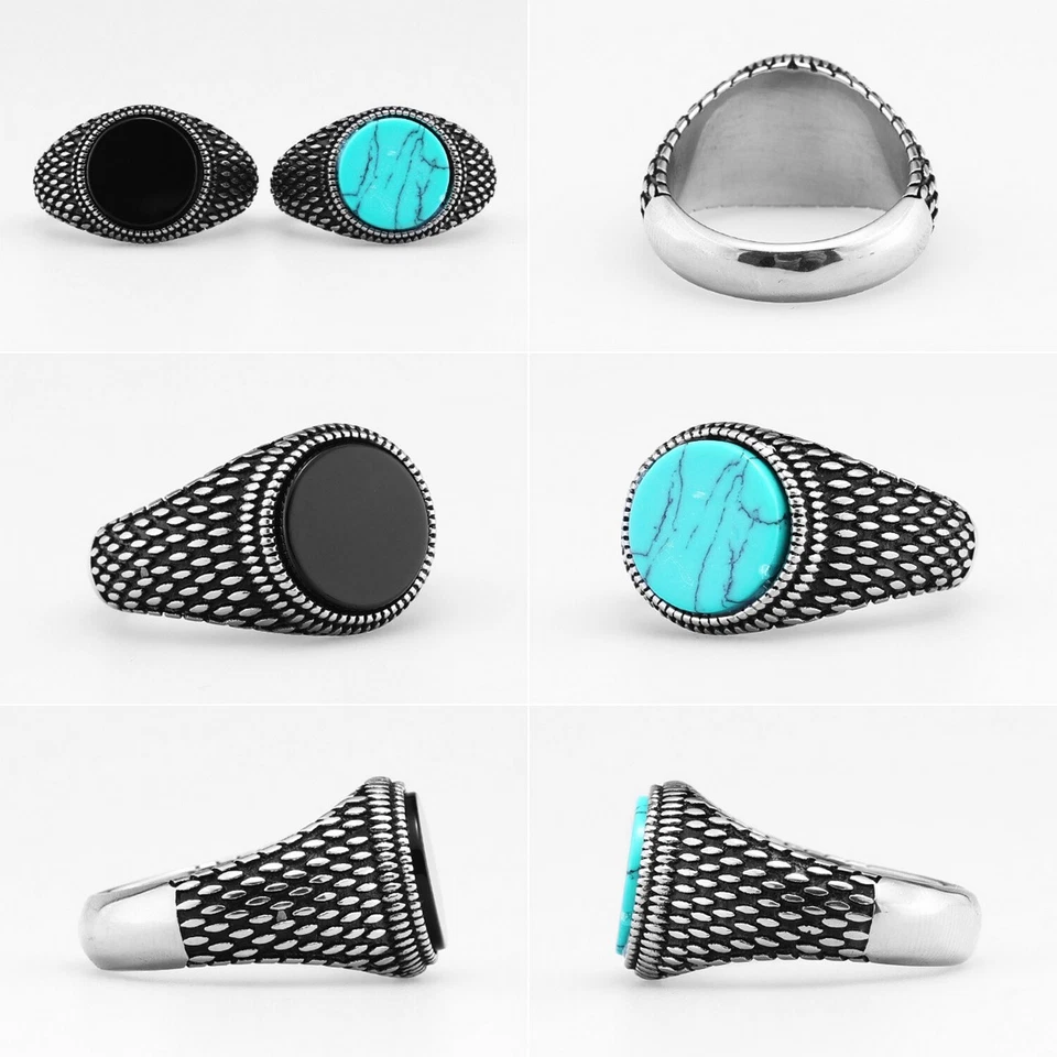 Anillo de acero inoxidable piedras preciosas curación ónix negro turquesa anillos piedra elegante Foto 2 de 4