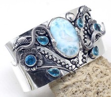 925 Sterling Silver Larimar & Topaz Gemstone Jewellery Cuff Bracelet Size-ADJ