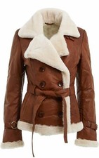 Ladies Double Breasted Real Shearling Sheepskin Aviator Tan Leather Jacket