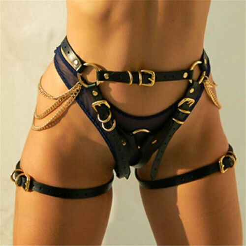 Harajuku Chain Belt Set Women PU Leather Lingerie Body Bondage Garter Sexy Strap - Picture 7 of 8