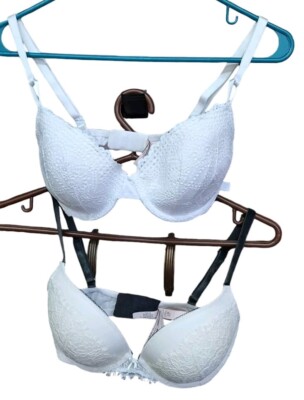 2 Victoria Secret 32DD White Padded Underwire Bras Black Straps