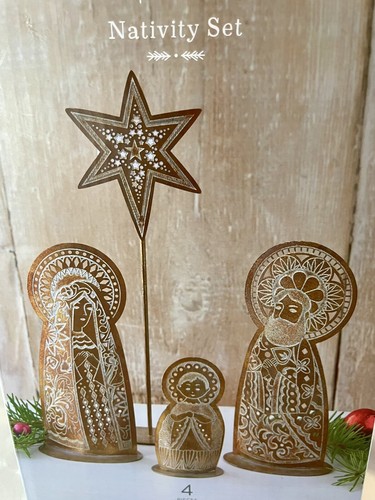 Hallmark Metal Nativity Set Pierced Gold Tone Whitewash Aged 4 Piece - Picture 3 of 7
