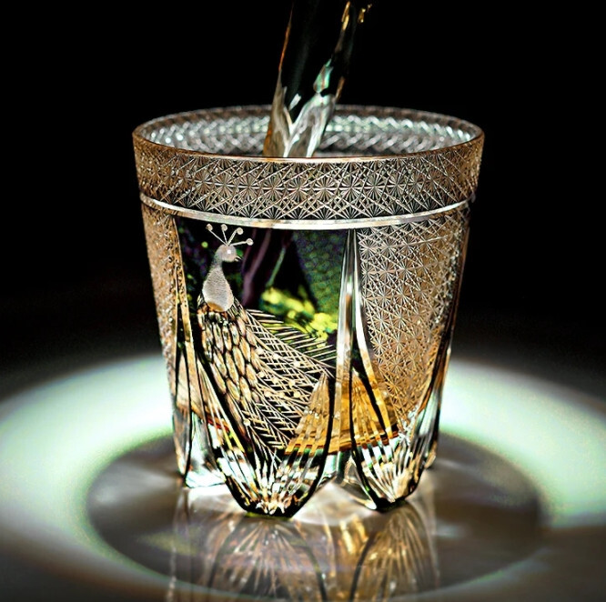 Whisky Glass Japan Style Cut Crystal Edo Kiriko Glass Tumbler Green Peacock 11oz-image