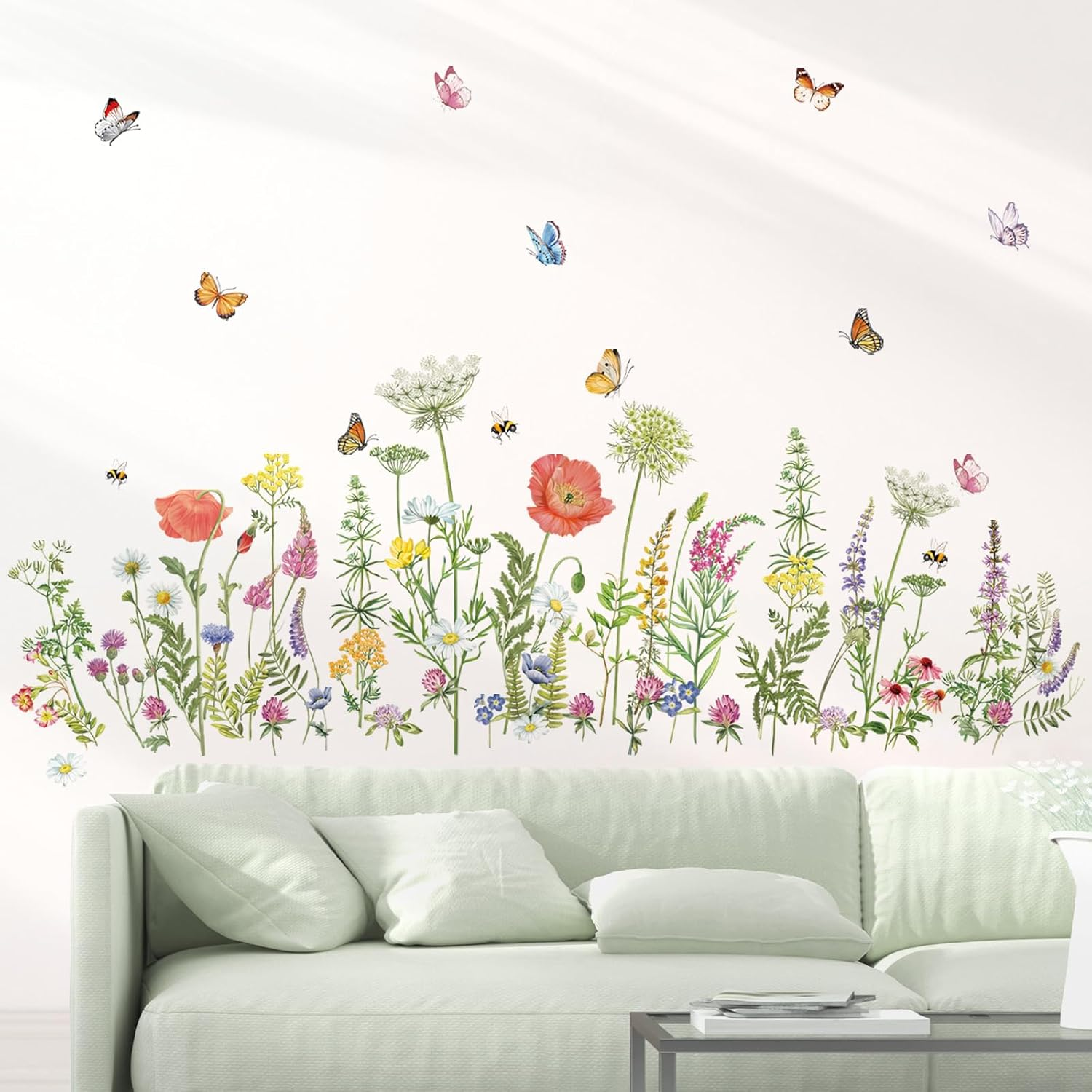 Wildflower Grass Wall Stickers Garden Flower Butterflies Wall Decals Living Room
