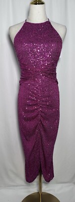 Belle Badgley Mischka Dress Bodycon 6 Midi Sleeveless Sequin Fuchsia New $239