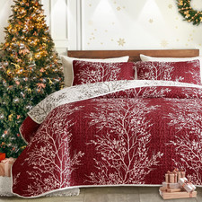 3 Pieces Christmas Quilt Set Burgundy Red Branch Queen Size 88X88 Soft Microfibe