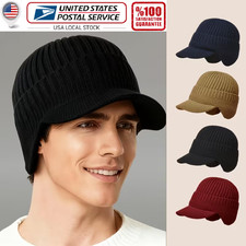 Men Winter Warm Fleece-Lined Knit Stretch Beanie Hats with Visor  Ear Flaps