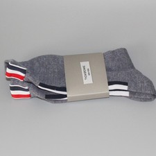 Thom Browne Mid Calf Length Jersey Intarsia Pointelle Socks W/ RWB Gray