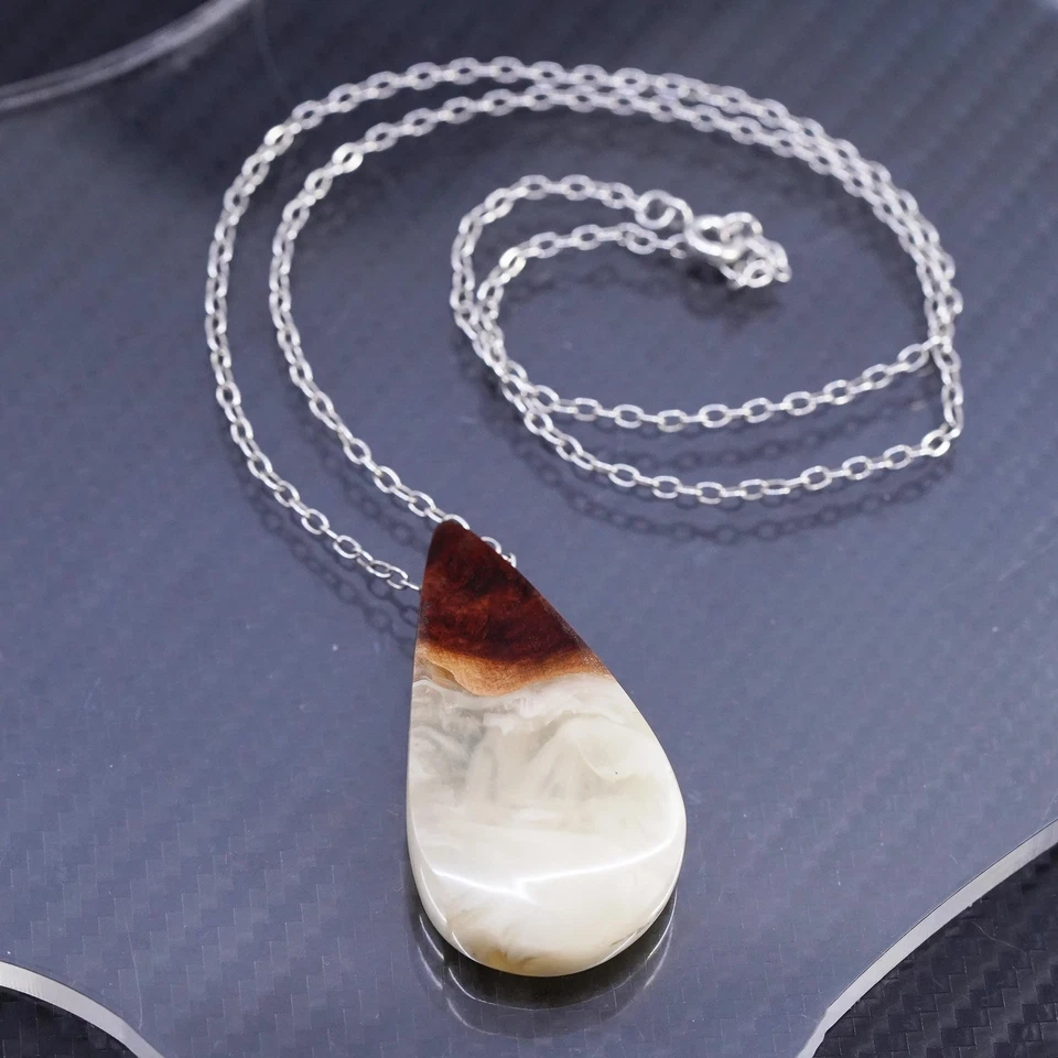 18”, plata de ley 925 círculo collar lágrima madera amarillo resina colgante Foto 3 de 4