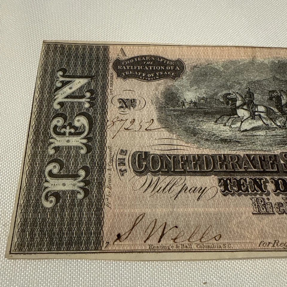 1864 Ten ($10) Dollar Bill CSA Note Confederate States of America Richmond - Image 2 of 4