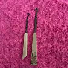 2 Antique Celluloid Button Hooks 4 1/2 And 5 1/2, One Is Decorated