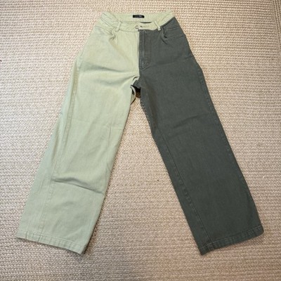 Papermoon Two Tone Split Leg Jeans High Waist Wide Leg Green 100% Cotton Size S