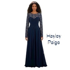 Hayley Paige Navy Chiffon Maxi Evening Dress NWT Size 14