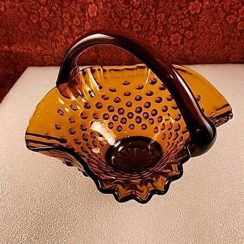 Vintage Fenton Dark Amber Hobnail Basket Ruffle Crimp Edge 5” Tall