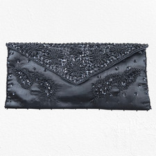 Vintage 50s Black Beaded Satin Evening Clutch Made in Japan Floral Cocktail Bag