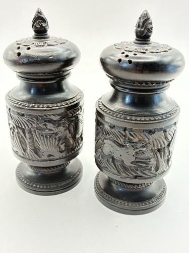 African Hard Carved Hard Wood Salt &Pepper With Elephant and Lion Relief Carved - Picture 2 of 14