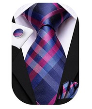 Mens Plaid Ties Classic Paisley Necktie with Handkerchief Blue and Pink