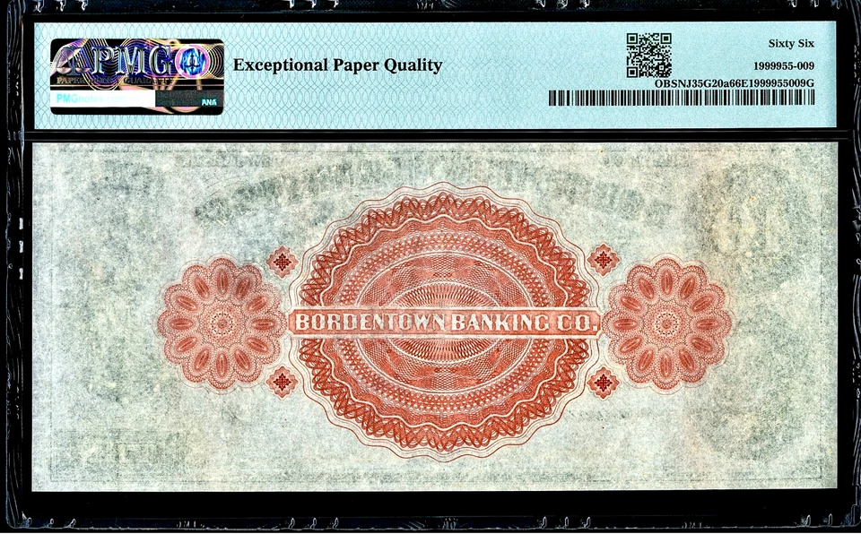 1850’s New Jersey Bordentown Banking $10 Dollar Obsolete Banknote PMG 66EPQ - Image 2 of 2