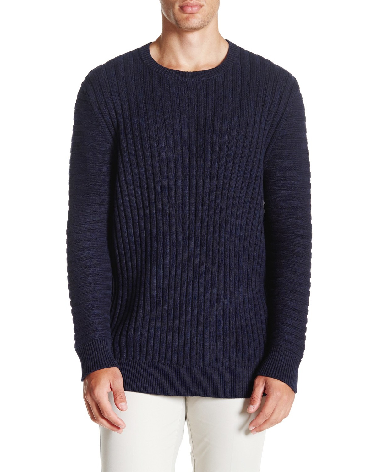 Мужской свитер с круглым вырезом из рубчатой трикотажной ткани Zanerobe Exo небольшого размера темно-синего цвета 8690₽