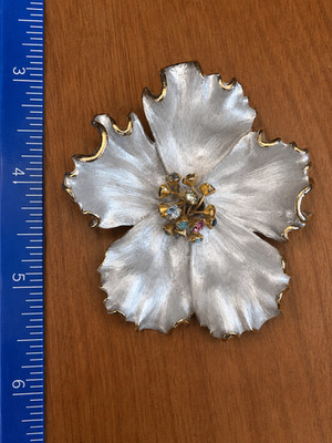 Vintage Kramer N.Y. Satin Silver Tone Flower Brooch Pin AB Rhinestone Center Lar