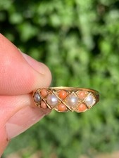 18ct gold natural coral seed pearl ring Victorian 2.7 grams