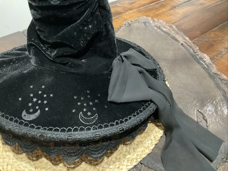 Spirit Halloween Black Slouch Witches Hat Veiled & Bow One Size Stars Moon - Image 4 of 4