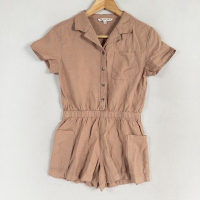 VANILLA STAR Girls Linen Blend Romper Small Brown Elastic Waist Pockets Casual